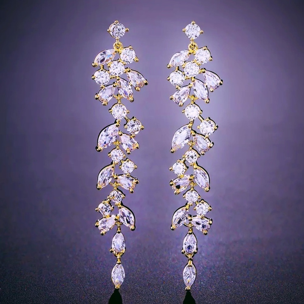 NEW Designer Celeb Inspired Yellow Gold-Plated CZ Leaf Vine Chandelier Earrings